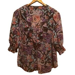 Lauren Ralph Lauren Ruffle Floral Blouse-Sz M-Multicolor-Edwardian-Victorian